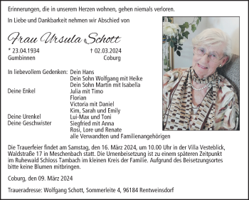 Traueranzeige von Ursula Schott von Neue Presse Coburg