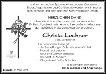 Traueranzeige von Christa Lochner von Südthüringer Presse