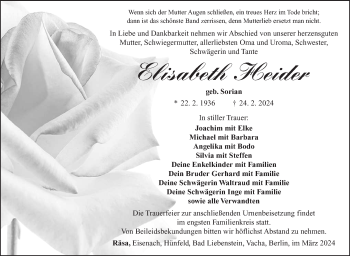 Traueranzeige von Elisabeth Heider von Südthüringer Presse