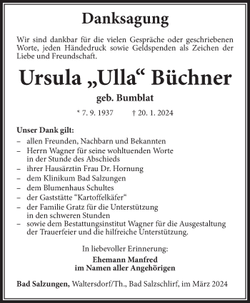 Traueranzeige von Ursula Büchner von Südthüringer Presse
