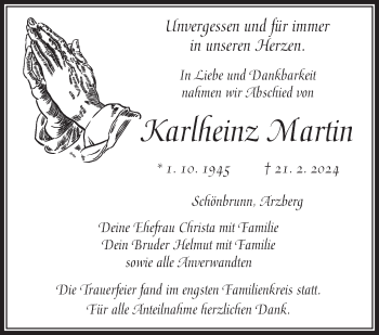 Traueranzeige von Karlheinz Martin von Frankenpost