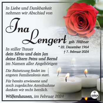 Traueranzeige von Ina Lengert von Südthüringer Presse