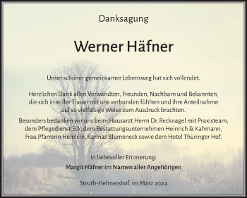 Traueranzeige von Werner Häfner von Südthüringer Presse
