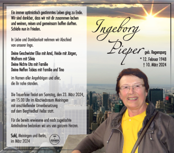 Traueranzeige von Ingeborg Pieper von Südthüringer Presse