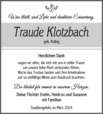 Traueranzeige von Traude Klotzbach von Südthüringer Presse