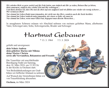Traueranzeige von Hartmut Gebauer von Südthüringer Presse