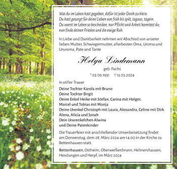 Traueranzeige von Helga Lindemann von Südthüringer Presse