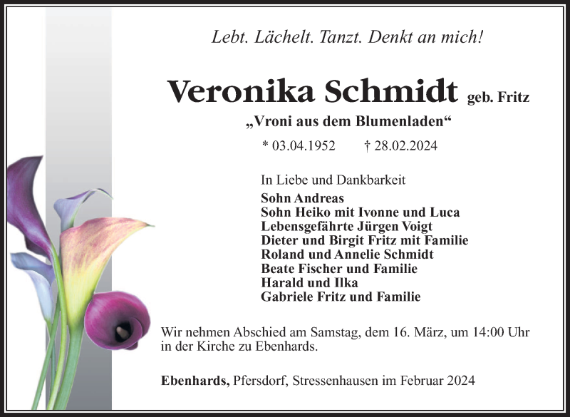  Traueranzeige für Veronika Schmidt vom 09.03.2024 aus Südthüringer Presse