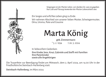 Traueranzeige von Marta König von Südthüringer Presse