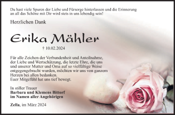 Traueranzeige von Erika Mähler von Südthüringer Presse