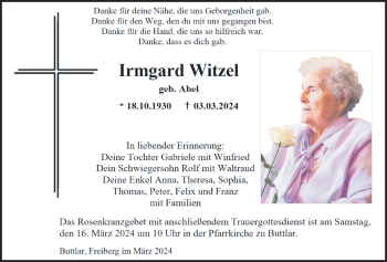 Traueranzeige von Irmgard Witzel von Südthüringer Presse