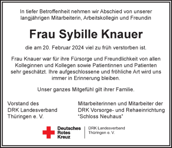 Traueranzeige von Sybille Knauer von Südthüringer Presse