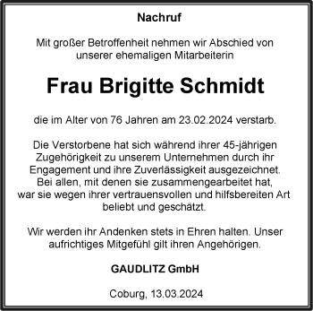 Traueranzeige von Brigitte Schmidt von Neue Presse Coburg