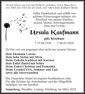 Traueranzeige von Ursula Kaufmann von Südthüringer Presse