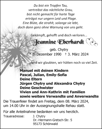 Traueranzeige von Jeannine Eberhardt von Frankenpost