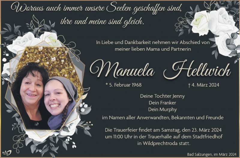  Traueranzeige für Manuela Hellwich vom 16.03.2024 aus Südthüringer Presse