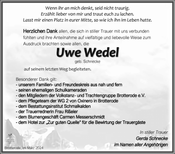 Traueranzeige von Uwe Wedel von Südthüringer Presse