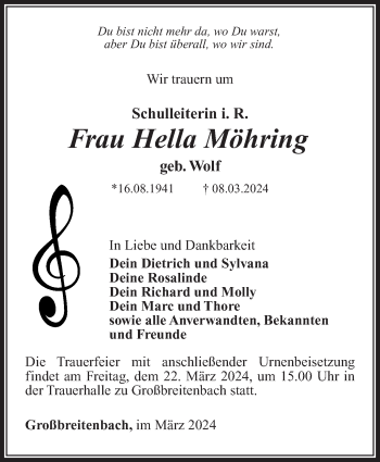 Traueranzeige von Hella Möhring von Südthüringer Presse
