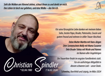 Traueranzeige von Christian Spindler von Südthüringer Presse