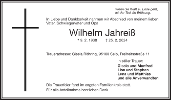 Traueranzeige von Wilhelm Jahreiß von Frankenpost