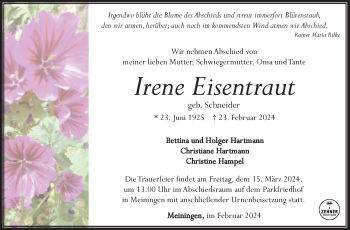 Traueranzeige von Irene Eisentraut von Südthüringer Presse