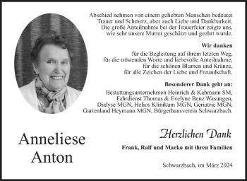 Traueranzeige von Anneliese Anton von Südthüringer Presse
