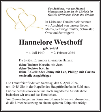 Traueranzeige von Hannelore Westhoff von Südthüringer Presse