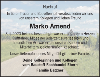Traueranzeige von Marko Amend von Südthüringer Presse
