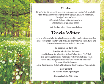 Traueranzeige von Doris Witter von Südthüringer Presse
