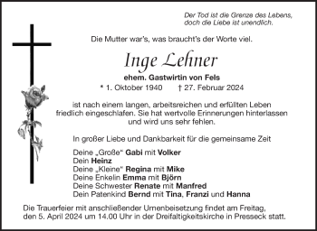 Traueranzeige von Inge Lehner von Frankenpost
