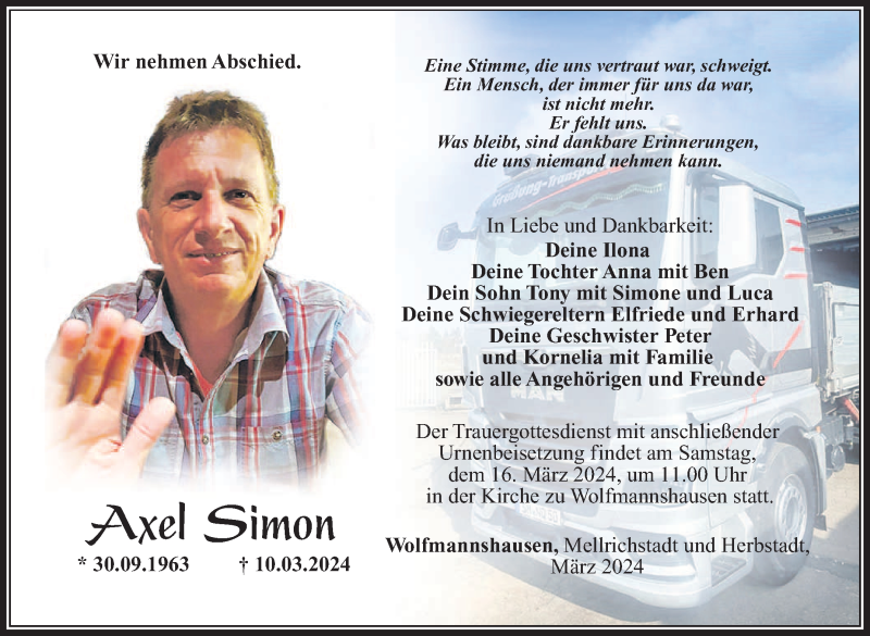  Traueranzeige für Axel Simon vom 14.03.2024 aus Südthüringer Presse