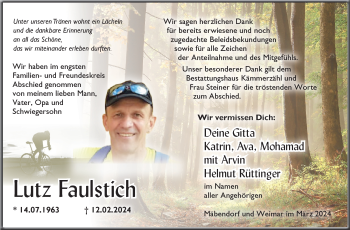 Traueranzeige von Lutz Faulstich von Südthüringer Presse