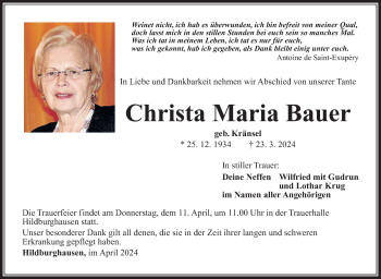 Traueranzeige von Christa Bauer von Südthüringer Presse