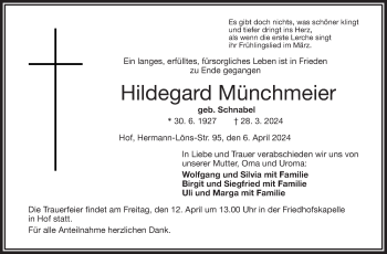 Traueranzeige von Hildegard Münchmeier von Frankenpost