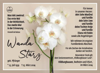 Traueranzeige von Wanda Stärz von Südthüringer Presse