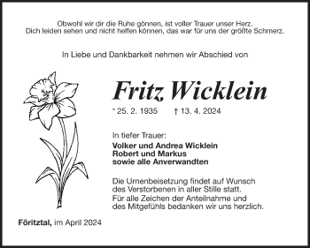 Traueranzeige von Fritz Wicklein von Südthüringer Presse