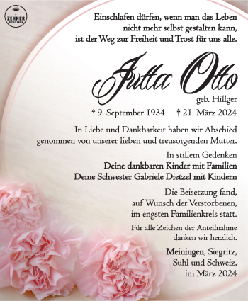 Traueranzeige von Jutta Otto von Südthüringer Presse