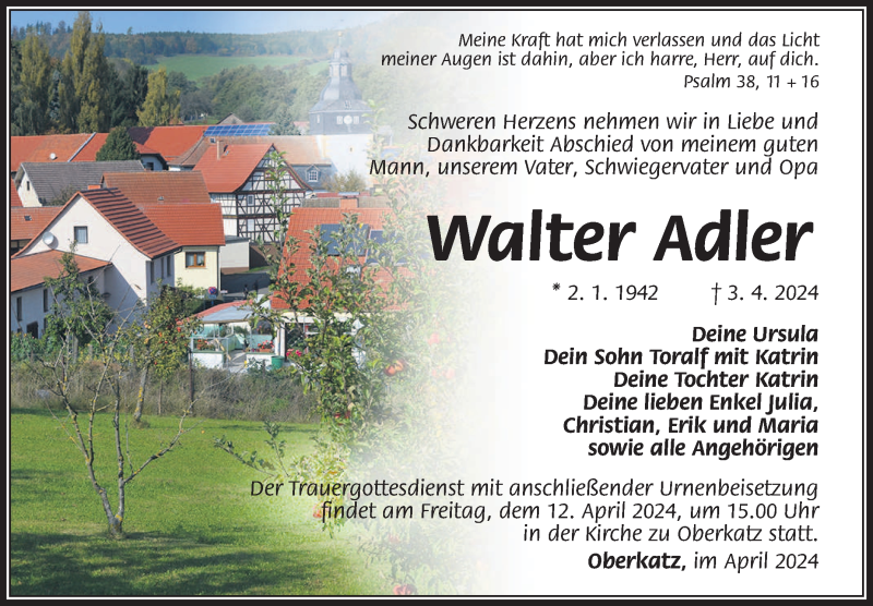  Traueranzeige für Walter Adler vom 06.04.2024 aus Südthüringer Presse