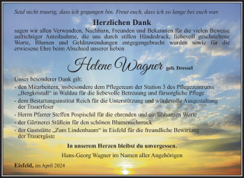 Traueranzeige von Helene Wagner von Südthüringer Presse