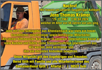 Traueranzeige von Jens Thomas Krämer von Südthüringer Presse