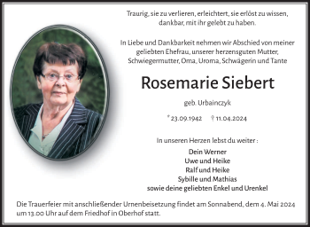 Traueranzeige von Rorsemarie Siebert von Südthüringer Presse