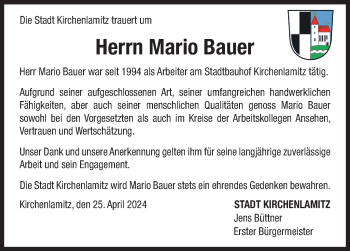 Traueranzeige von Mario Bauer von Frankenpost