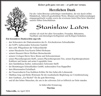 Traueranzeige von Stanislaw Laton von Südthüringer Presse