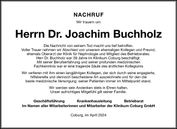 Traueranzeige von Dr. Joachim Buchholz von Neue Presse Coburg