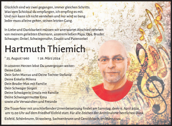 Traueranzeige von Hartmuth Thiemich von Südthüringer Presse