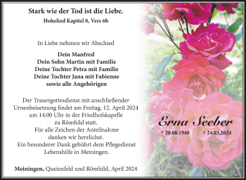 Traueranzeige von Erna Seeber von Südthüringer Presse