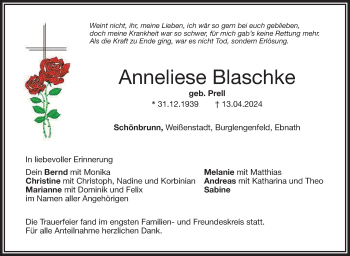 Traueranzeige von Anneliese Blaschke von Frankenpost