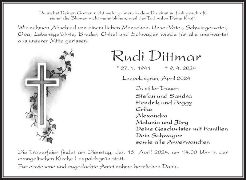  Traueranzeige für Rudi Dittmar vom 13.04.2024 aus Frankenpost