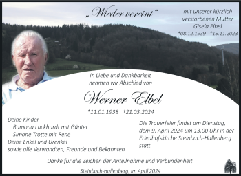 Traueranzeige von WernerGisela ElbelElbel von Südthüringer Presse