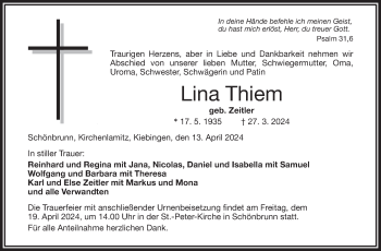 Traueranzeige von Lina Thiem von Frankenpost